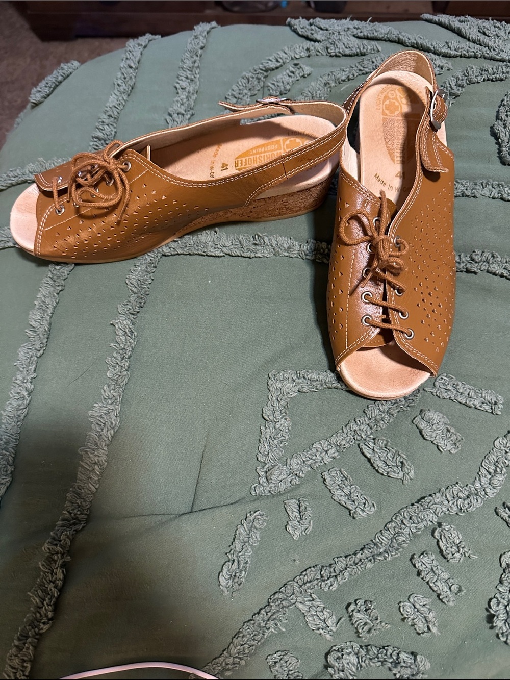 WORISHOFER Tan Lace-Up Peep-Toe Slingback Wedges. Made in Germany